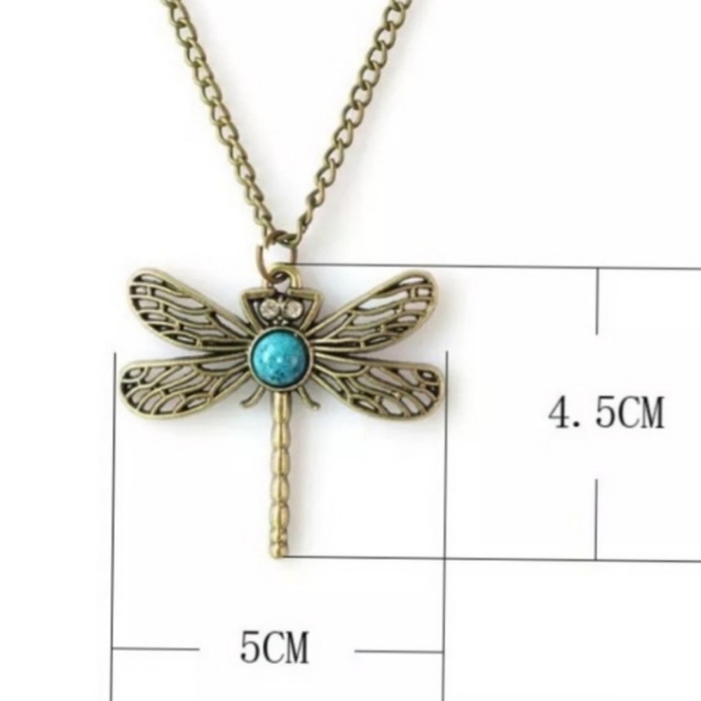 DRAGONFLY Long Chain Bronze Turquoise Sweater Necklace Retro Boho Hippie - Picture 11 of 11